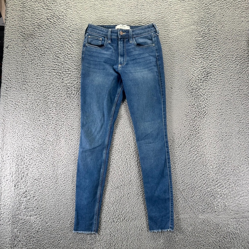 Hollister Jeans Womens 4 Blue Cotton Denim Skinny Curvy Whiskered Frayed Hem